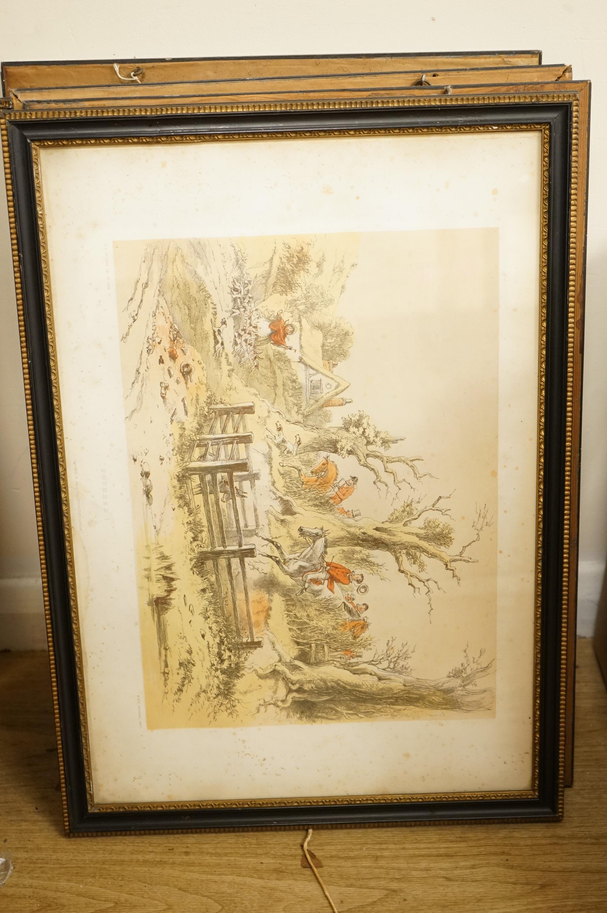 After Hablot Knight Browne (1815-1882), Hunting scenes to include 'Something like a finish', 'Founded' and 'Look before you leap', set of six colour lithographs, each 34 x 50cm